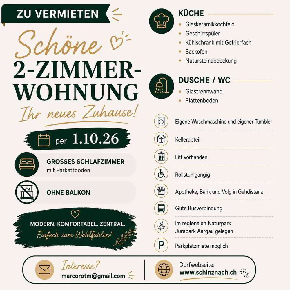 2 Zimmer Wohnung zu vermieten in Schinznach Dorf - Bild 1/5