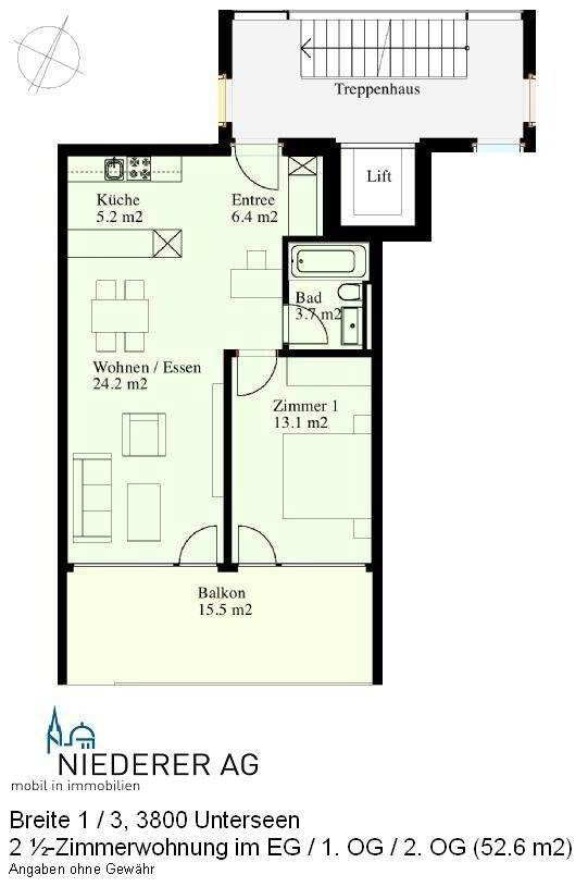2 Zimmer Wohnung zu vermieten in Unterseen - Bild 1/6