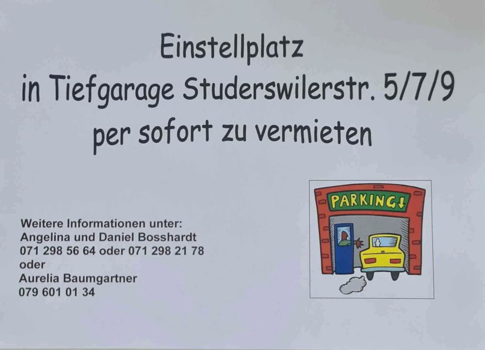 null Zimmer Parkplatz, Garage zu vermieten in Wittenbach - Bild 1/1