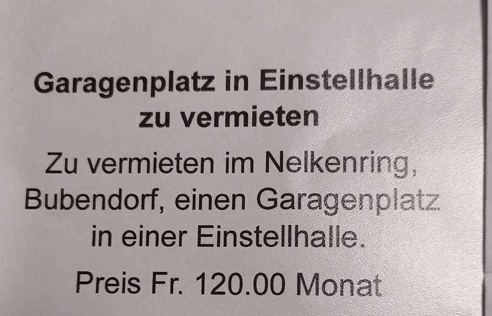 null Zimmer Parkplatz, Garage zu vermieten in Bubendorf - Bild 1/1
